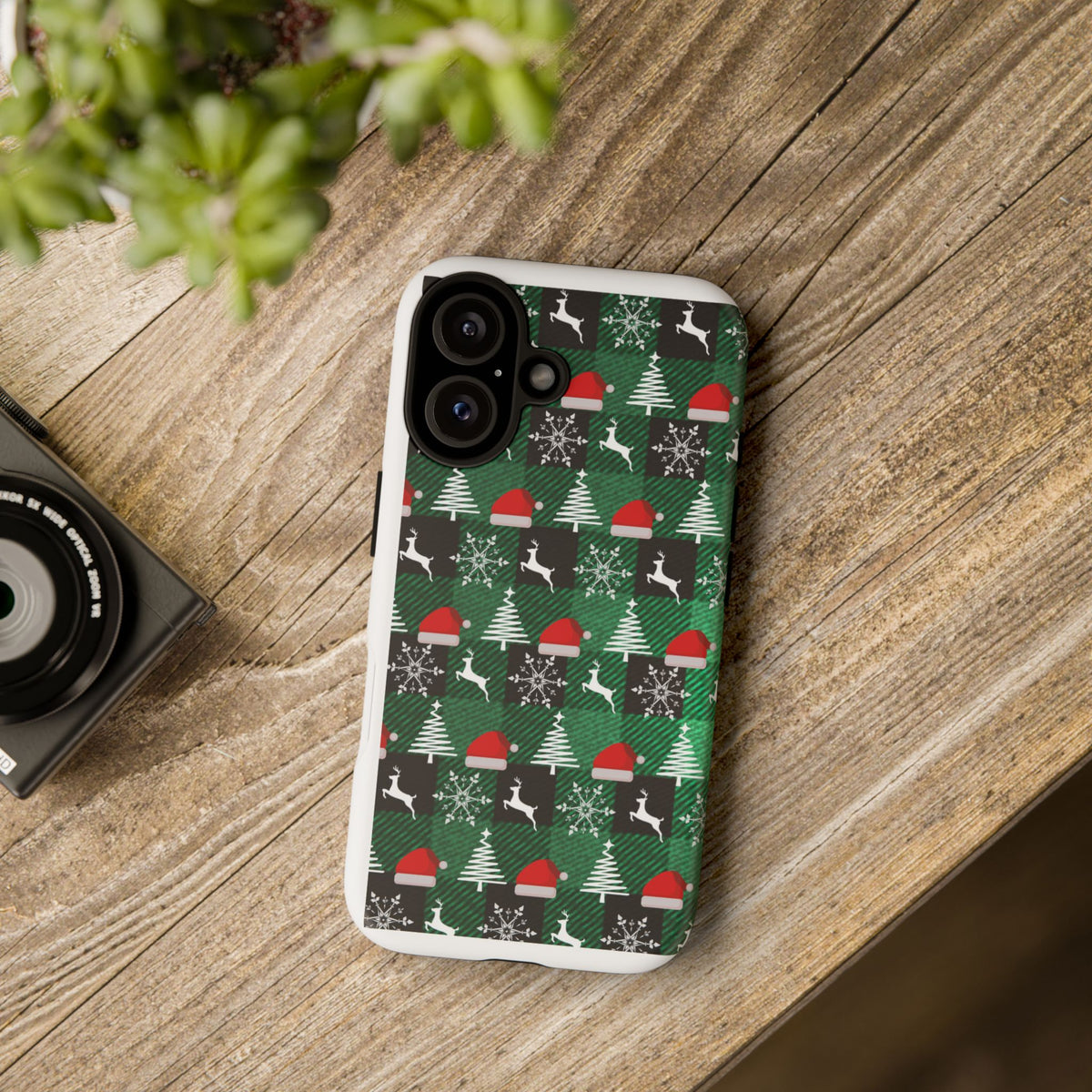 Christmas Plaid Phone Case – Santa Hats, Trees & Reindeer Holiday Pattern
