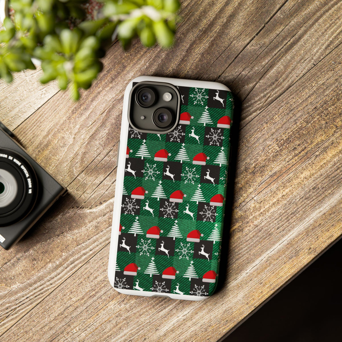 Christmas Plaid Phone Case – Santa Hats, Trees & Reindeer Holiday Pattern