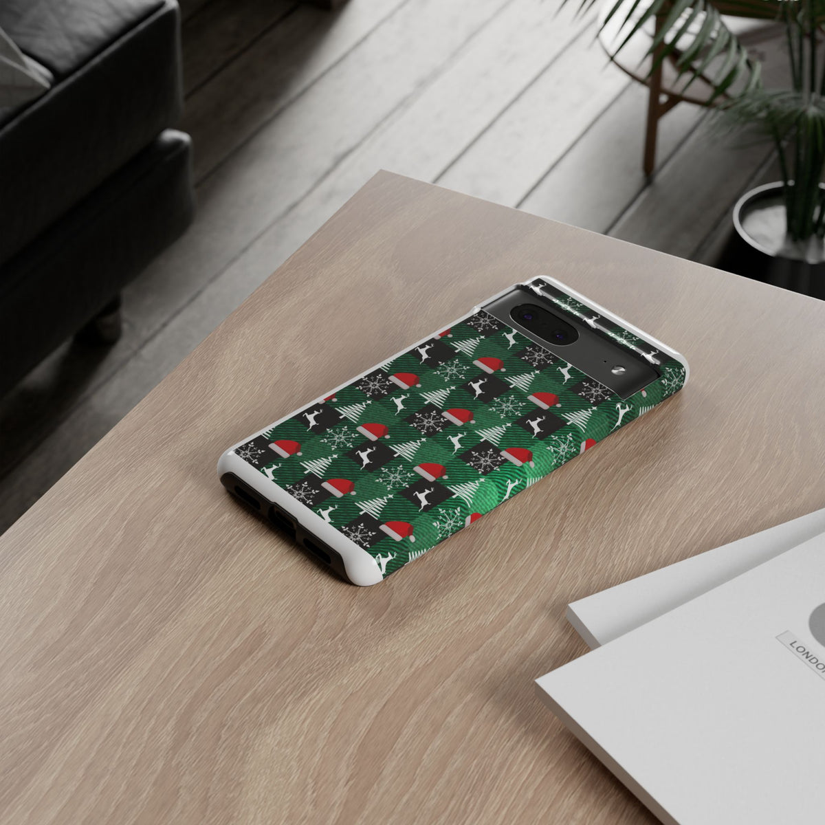 Christmas Plaid Phone Case – Santa Hats, Trees & Reindeer Holiday Pattern
