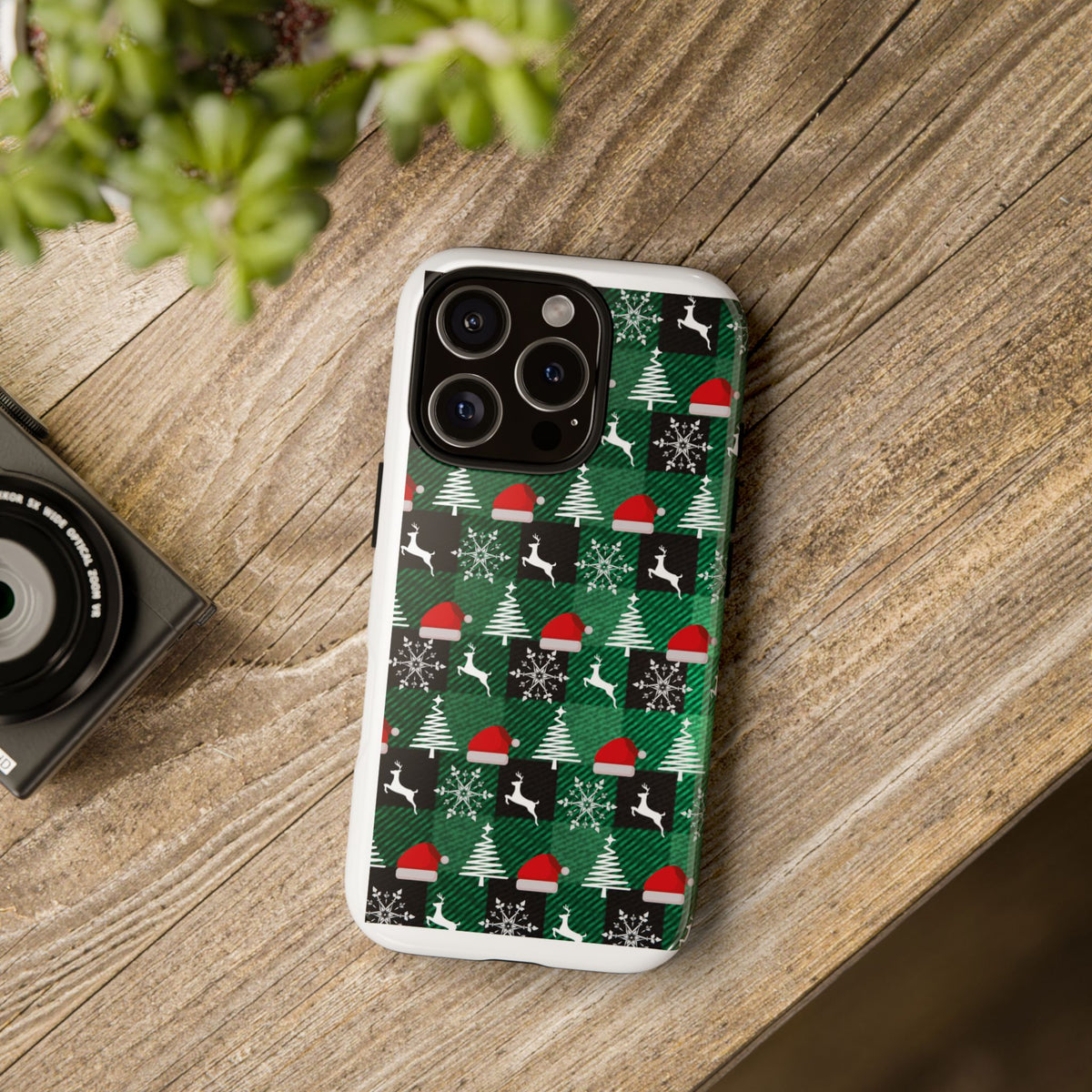 Christmas Plaid Phone Case – Santa Hats, Trees & Reindeer Holiday Pattern