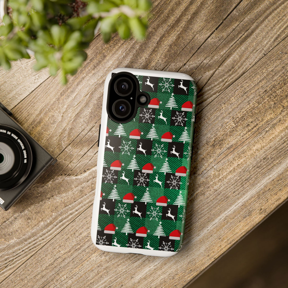 Christmas Plaid Phone Case – Santa Hats, Trees & Reindeer Holiday Pattern