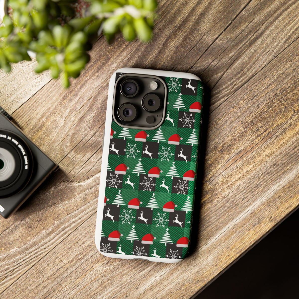 Christmas Plaid Phone Case – Santa Hats, Trees & Reindeer Holiday Pattern