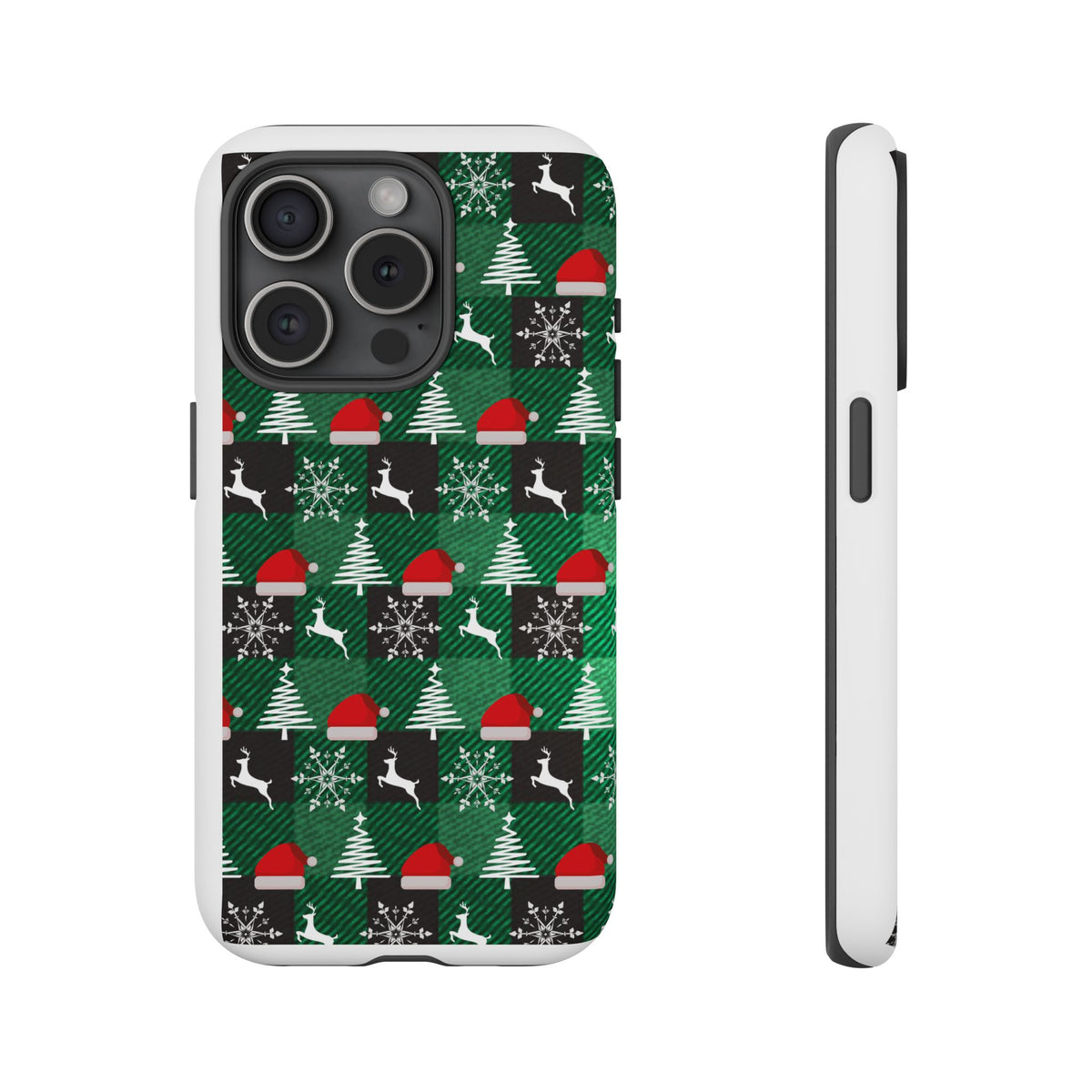 Christmas Plaid Phone Case – Santa Hats, Trees & Reindeer Holiday Pattern