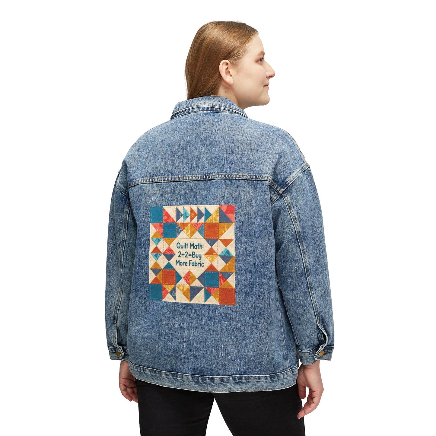 Women's Denim Jacket with Colorful Quilt Patch — 'Quilt Math: 2+2=Buy More Fabric' Back Graphic