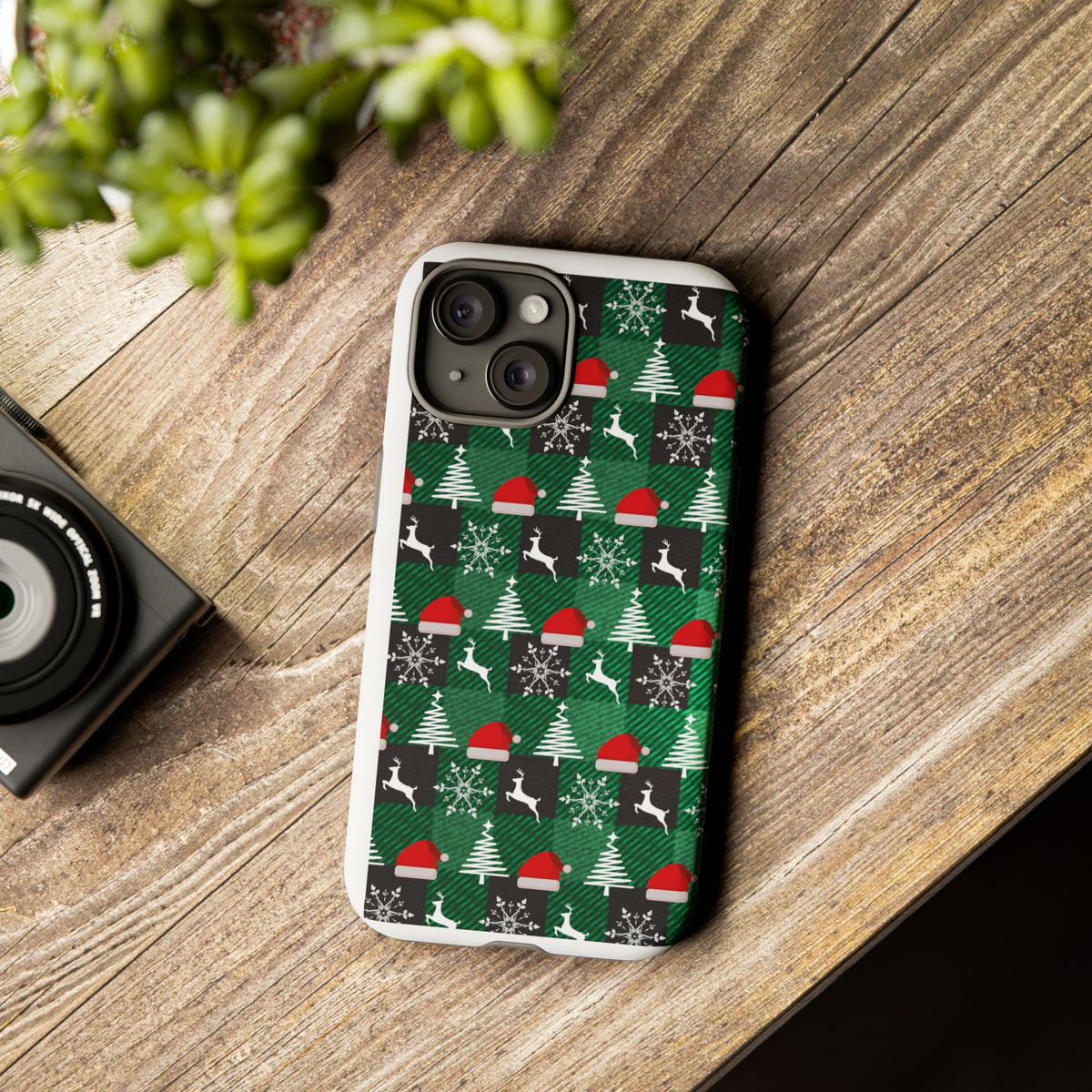 Christmas Plaid Phone Case – Santa Hats, Trees & Reindeer Holiday Pattern