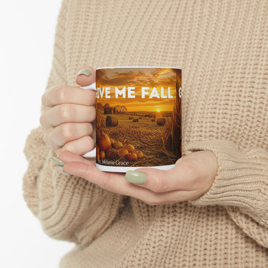 Autumn Harvest Ceramic Mug – 'Give Me Fall' Pumpkin & Sunrise Coffee Cup (11oz/15oz)