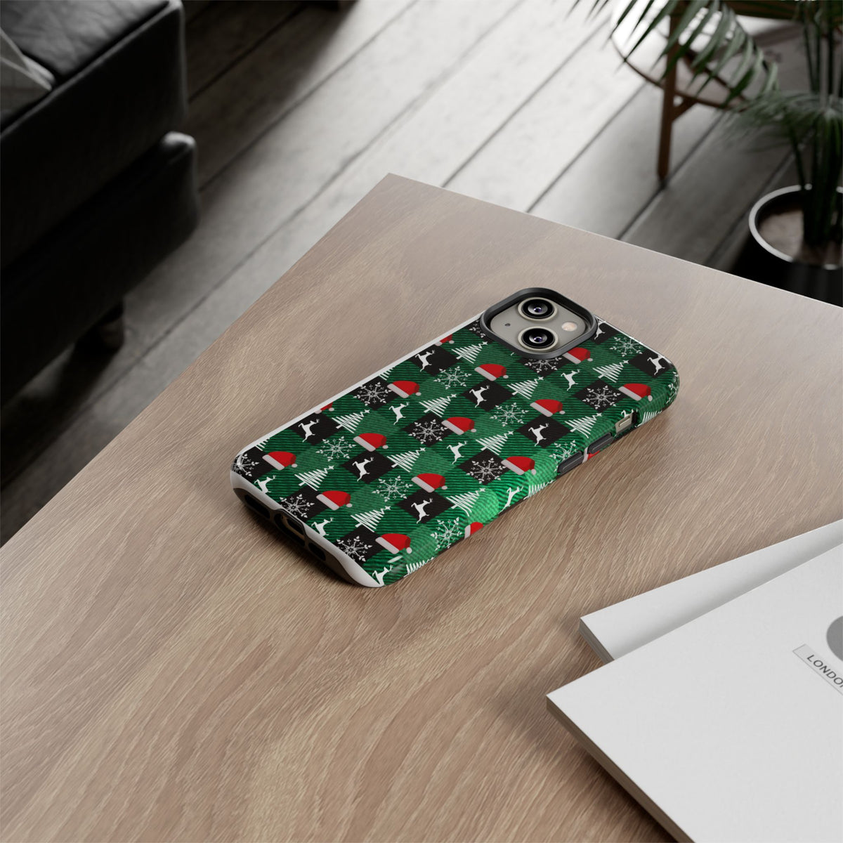 Christmas Plaid Phone Case – Santa Hats, Trees & Reindeer Holiday Pattern