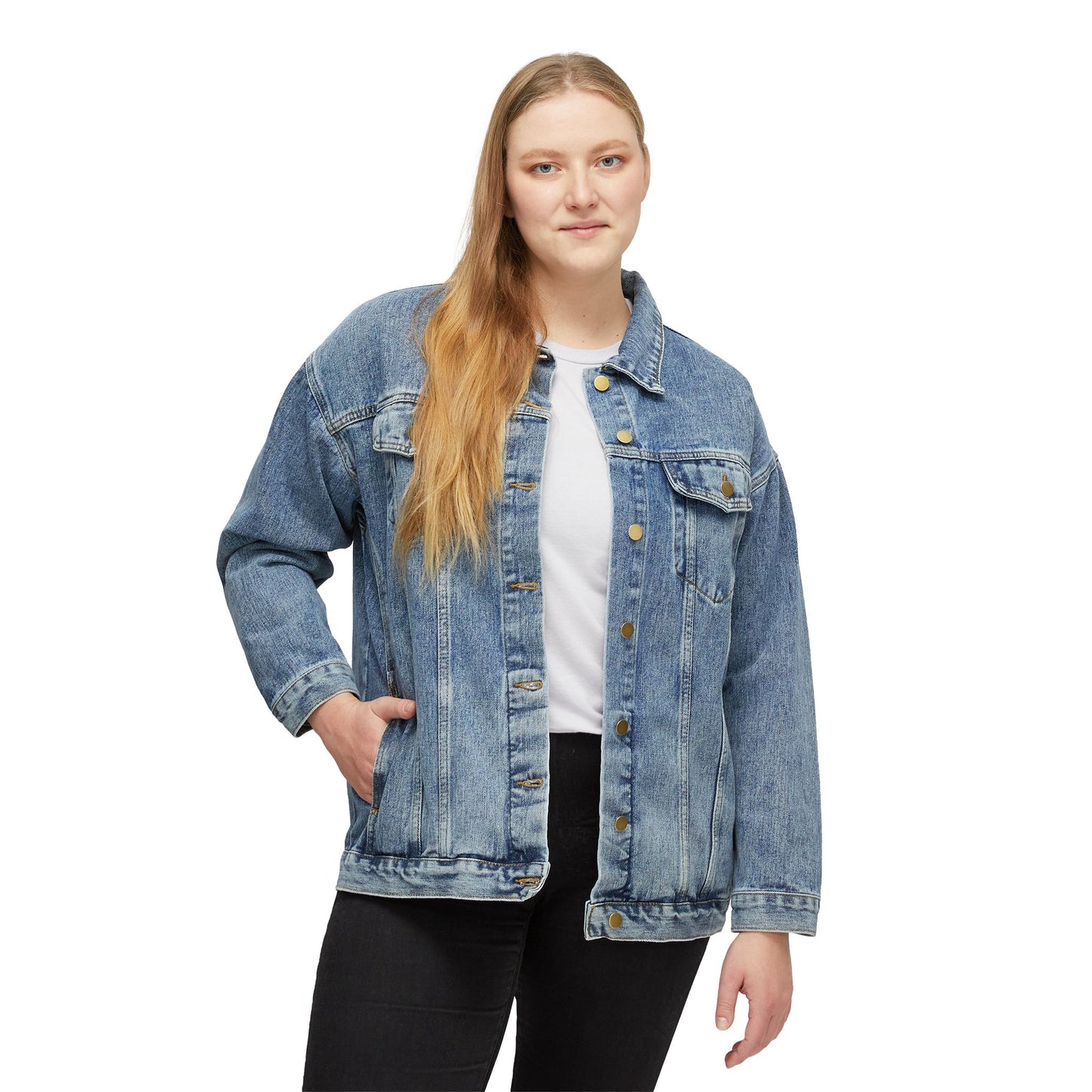 Women's Denim Jacket with Colorful Quilt Patch — 'Quilt Math: 2+2=Buy More Fabric' Back Graphic