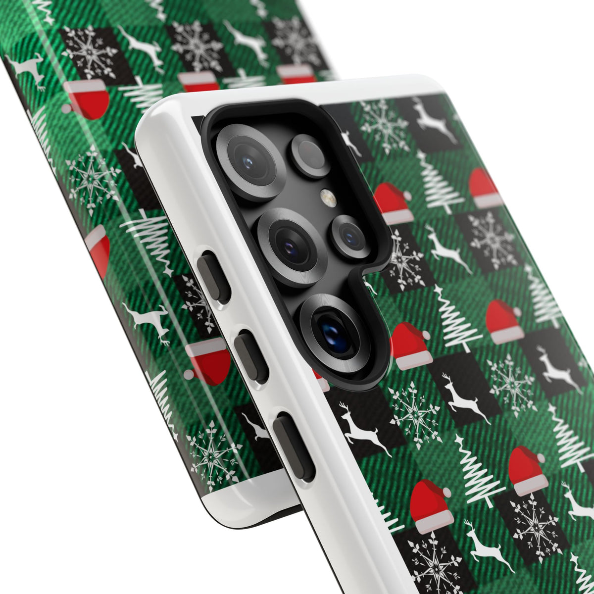 Christmas Plaid Phone Case – Santa Hats, Trees & Reindeer Holiday Pattern