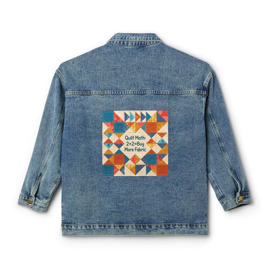 Women's Denim Jacket with Colorful Quilt Patch — 'Quilt Math: 2+2=Buy More Fabric' Back Graphic