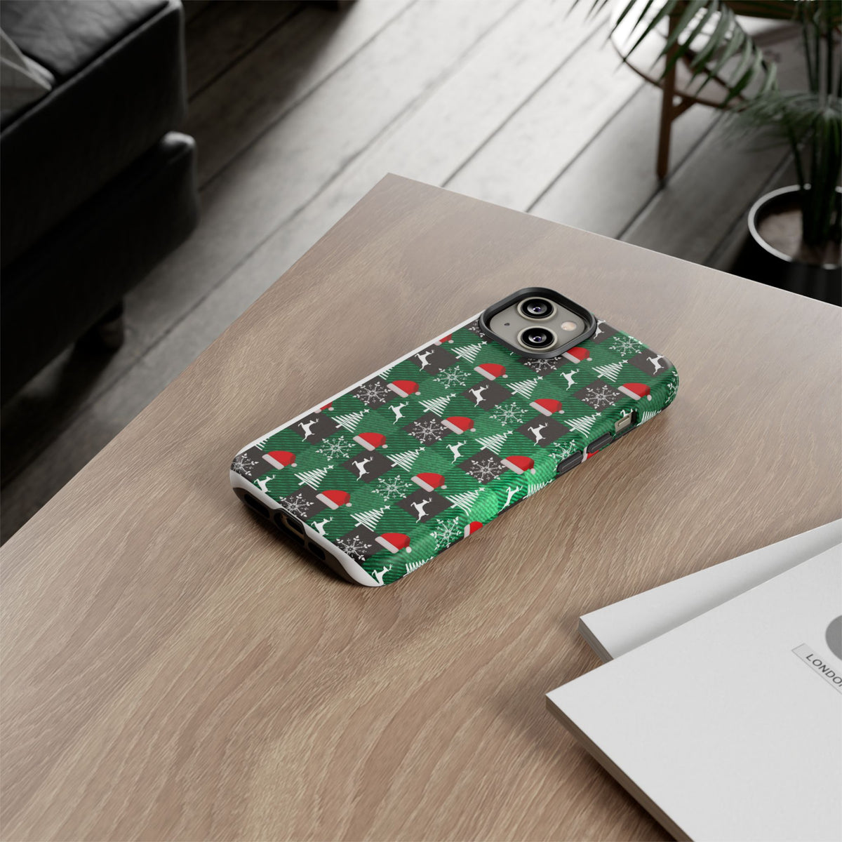 Christmas Plaid Phone Case – Santa Hats, Trees & Reindeer Holiday Pattern
