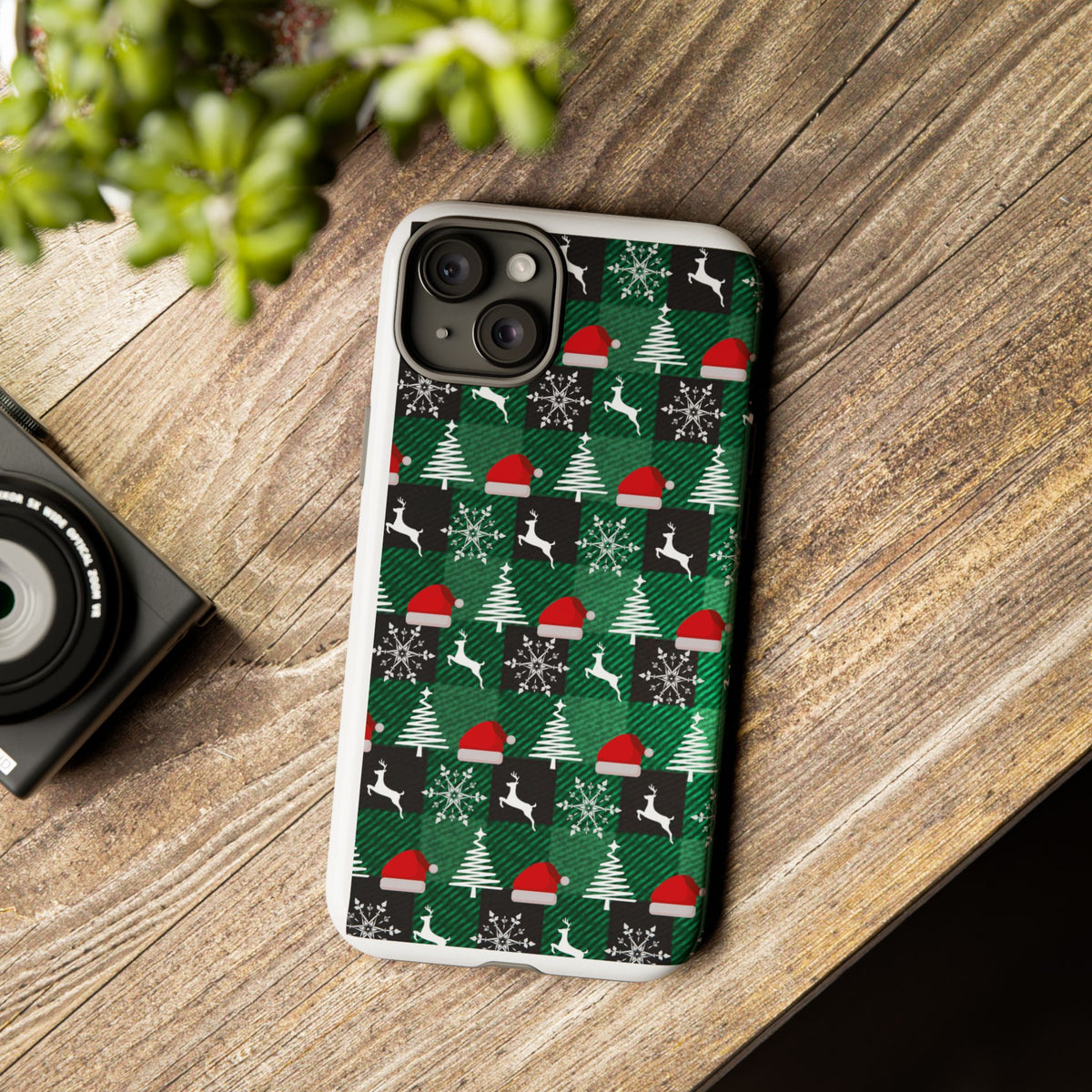Christmas Plaid Phone Case – Santa Hats, Trees & Reindeer Holiday Pattern