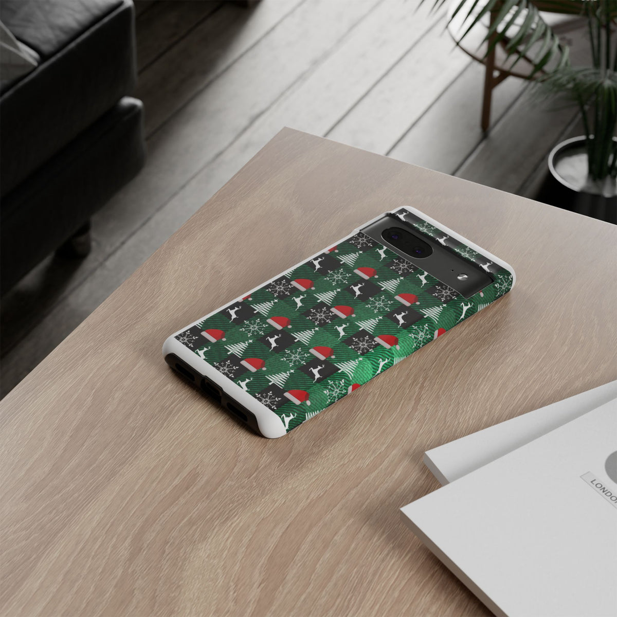 Christmas Plaid Phone Case – Santa Hats, Trees & Reindeer Holiday Pattern