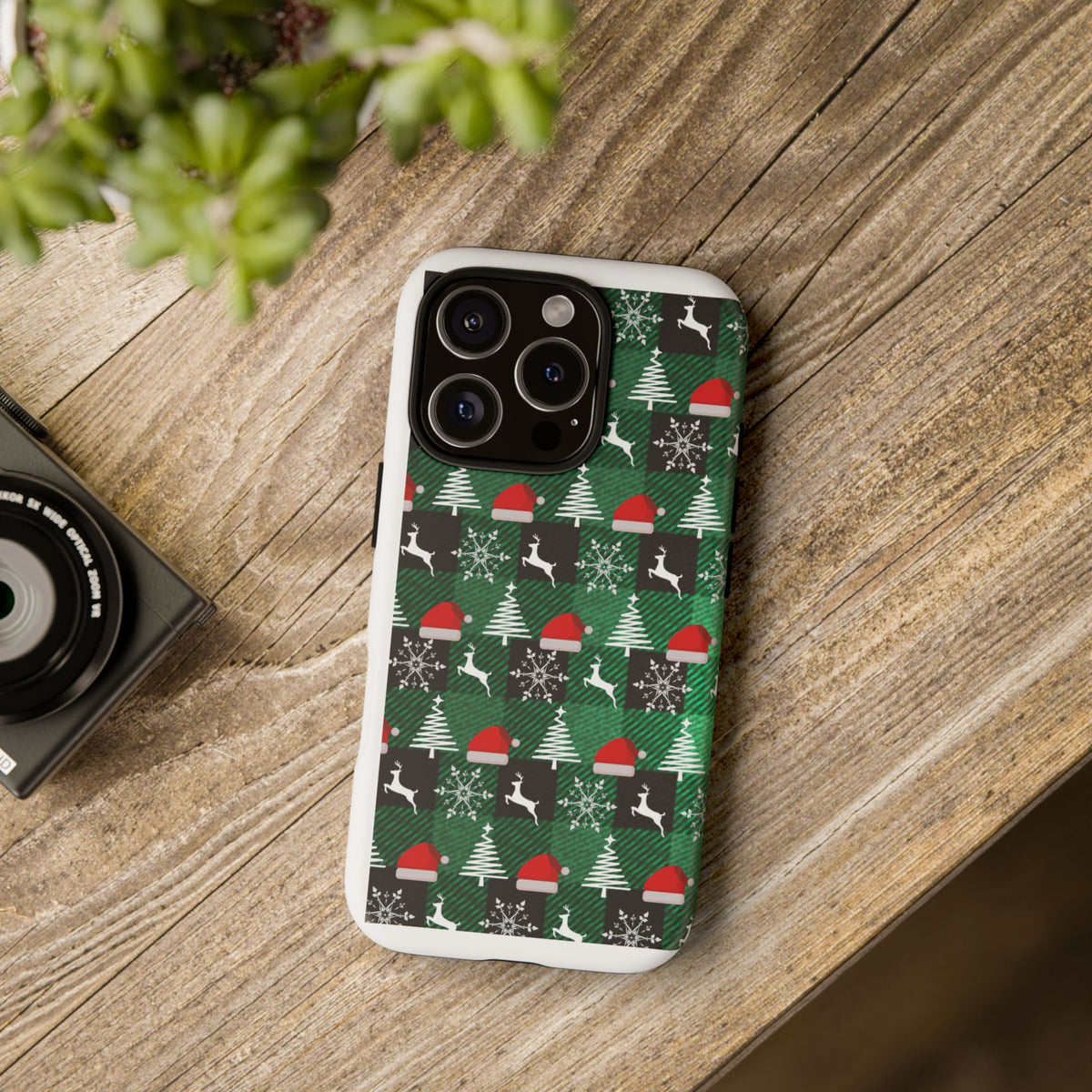 Christmas Plaid Phone Case – Santa Hats, Trees & Reindeer Holiday Pattern